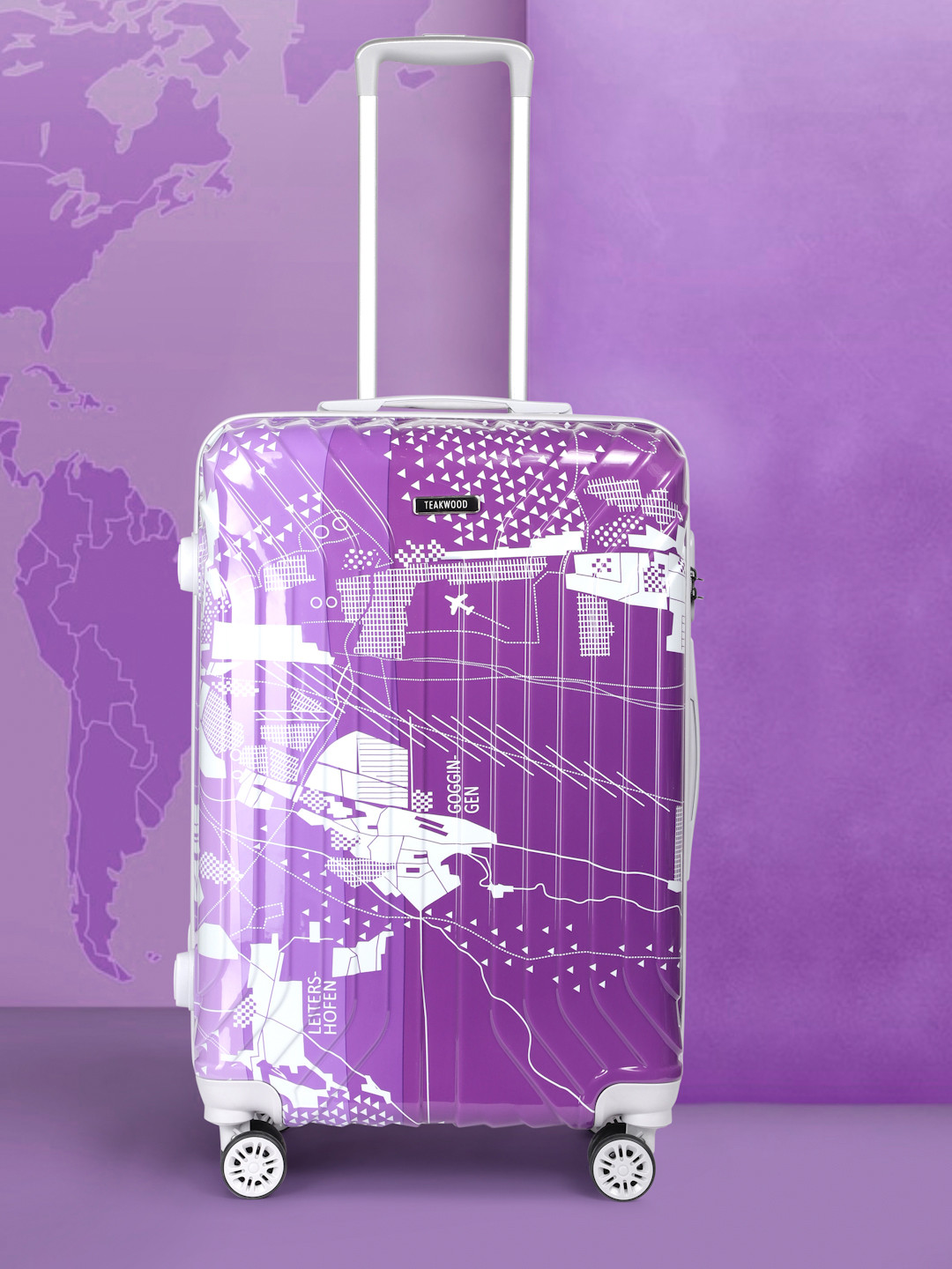 

Teakwood Leathers Map Printed 360 Degree Rotation Hard Medium-Sized Trolley Bag 54.6L, Purple