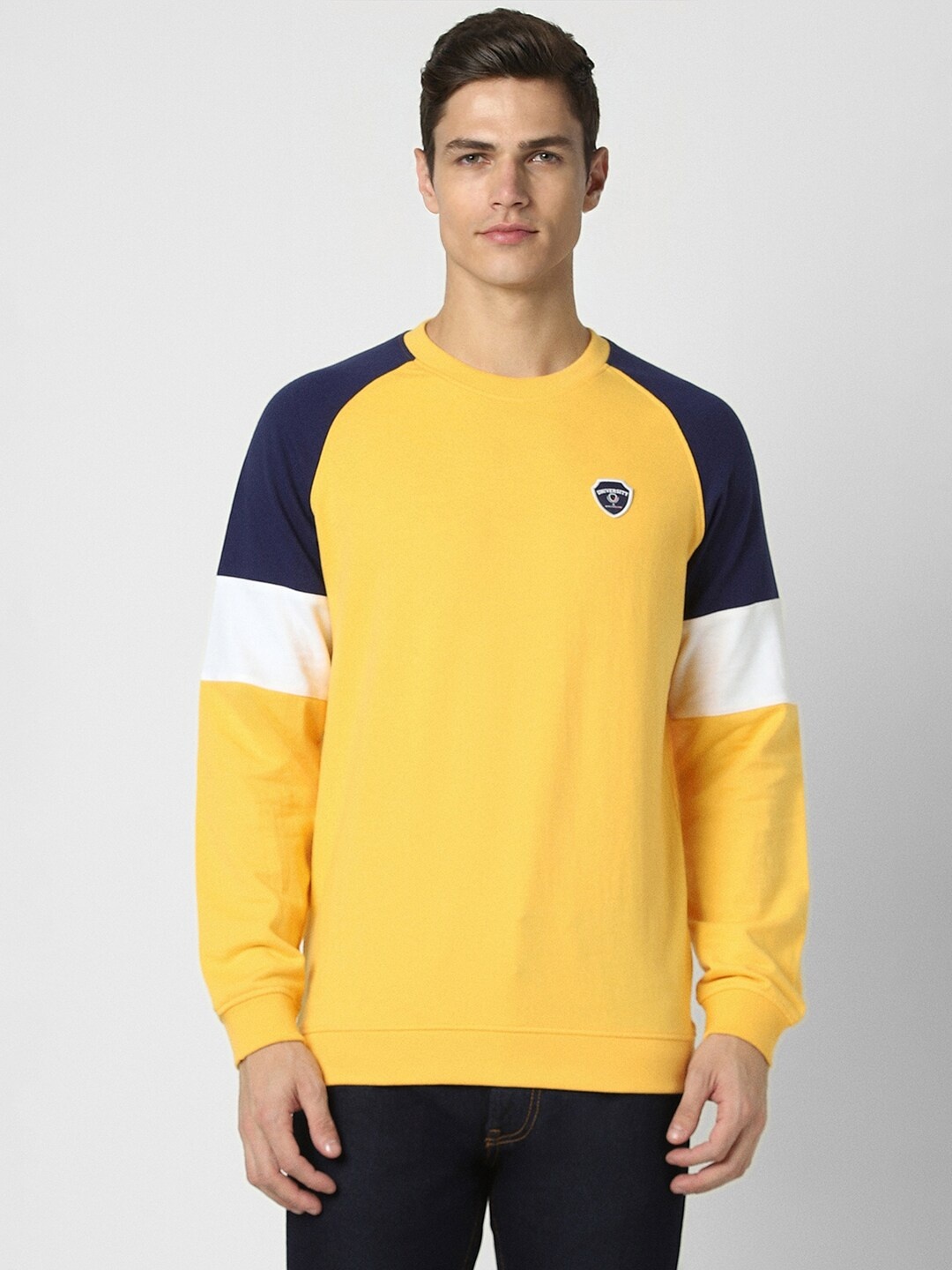 

PETER ENGLAND UNIVERSITY Colourblocked Round Neck Long Sleeves Pullover, Yellow