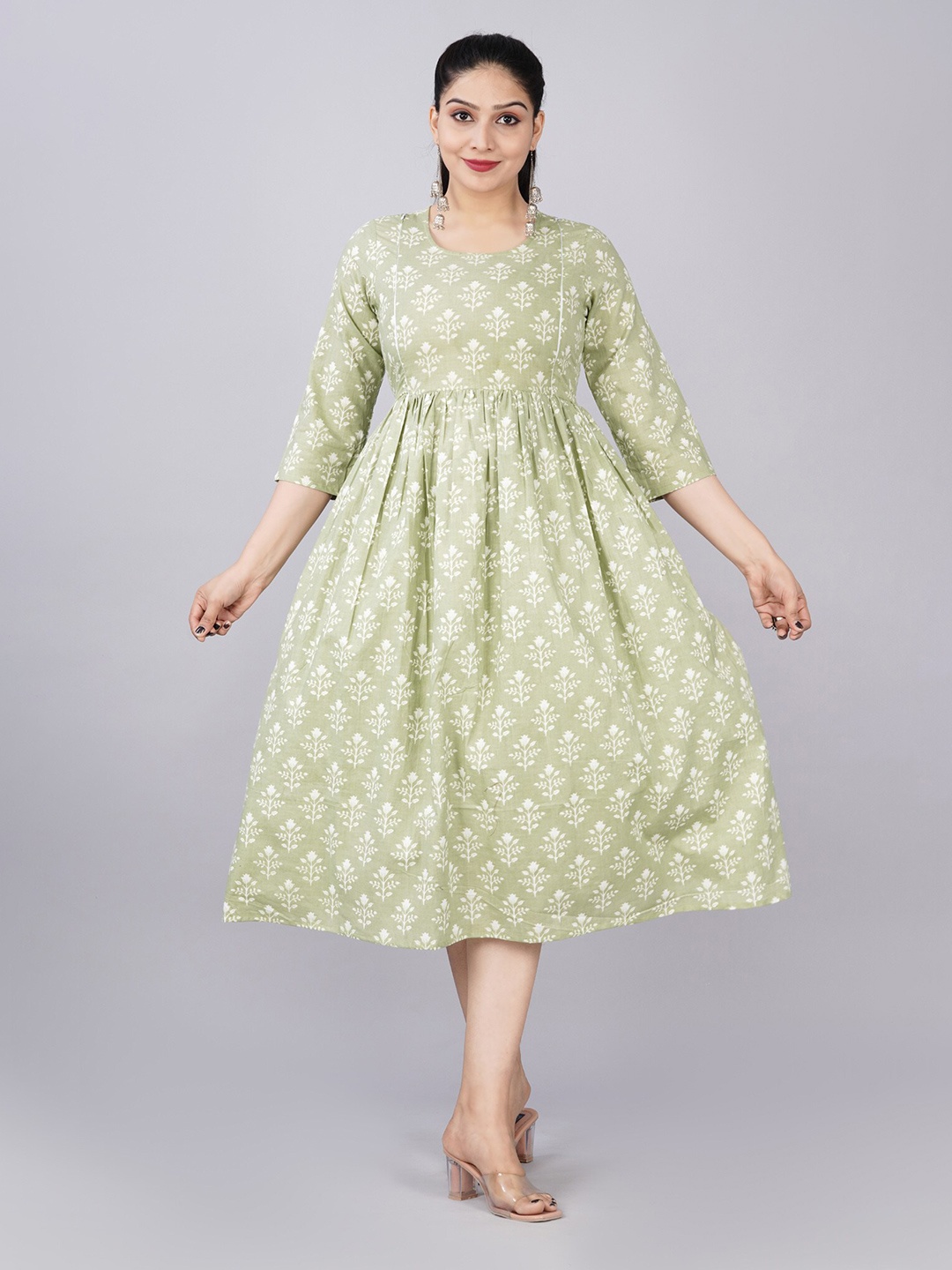 

BAESD Ethnic Motifs Printed Maternity Fit & Flare Midi Ethnic Dress, Green