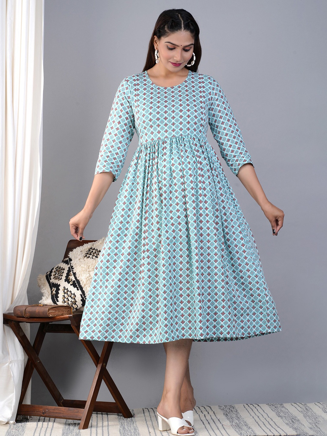 

BAESD Ethnic Motifs Printed Maternity Fit & Flare Midi Ethnic Dress, Blue