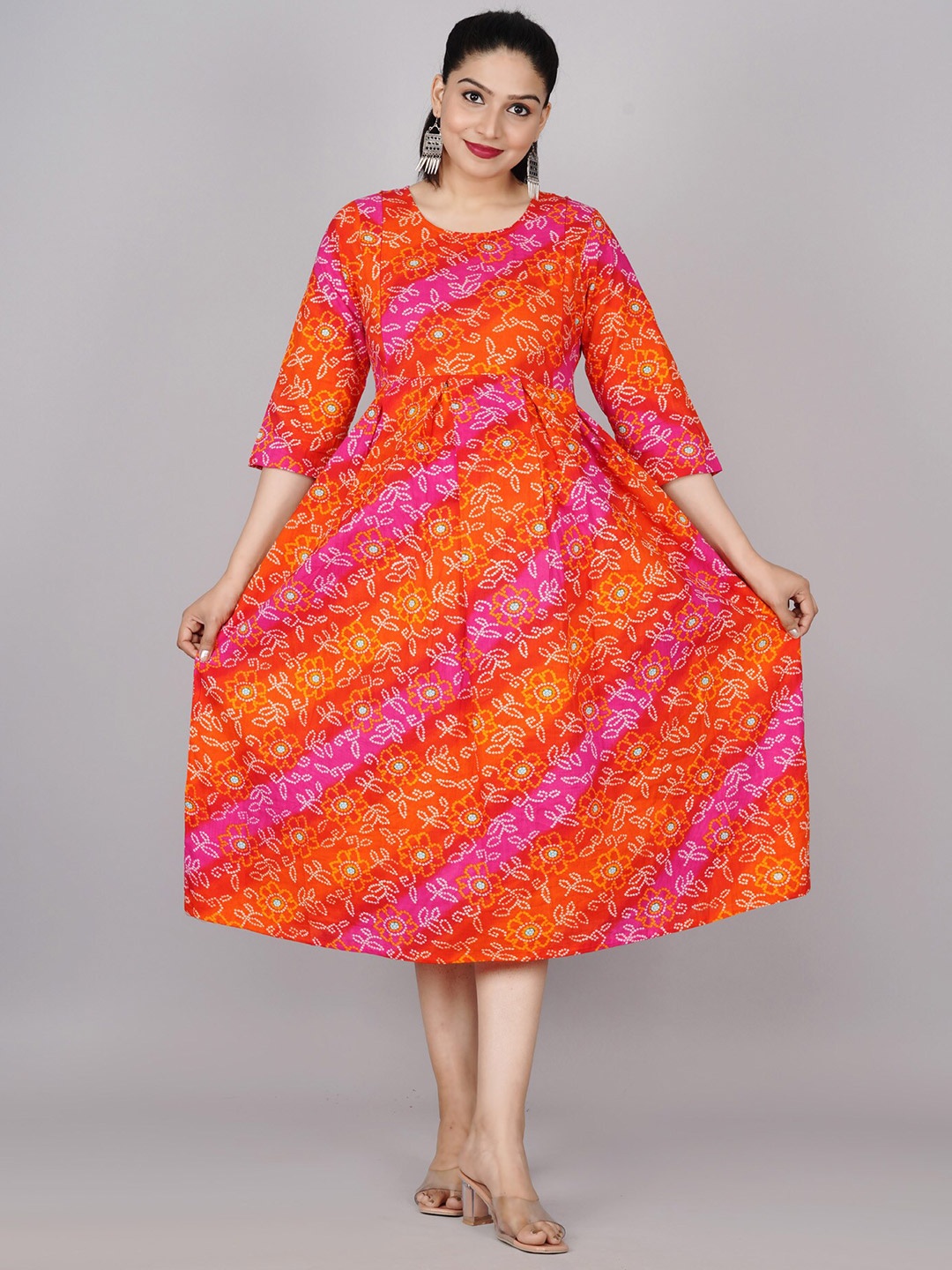 

BAESD Ethnic Motifs Printed Maternity Fit & Flare Midi Ethnic Dress, Orange