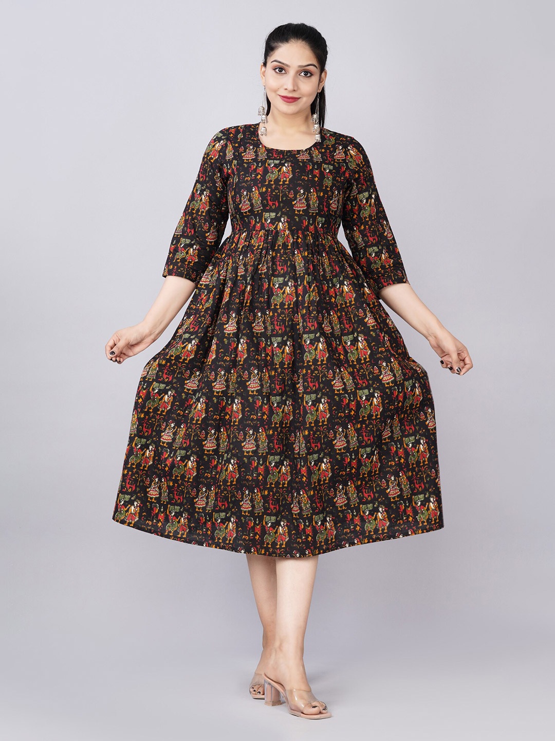 

BAESD Black & Multicoloured Ethnic Motifs Print Maternity Midi Fit & Flare Dress