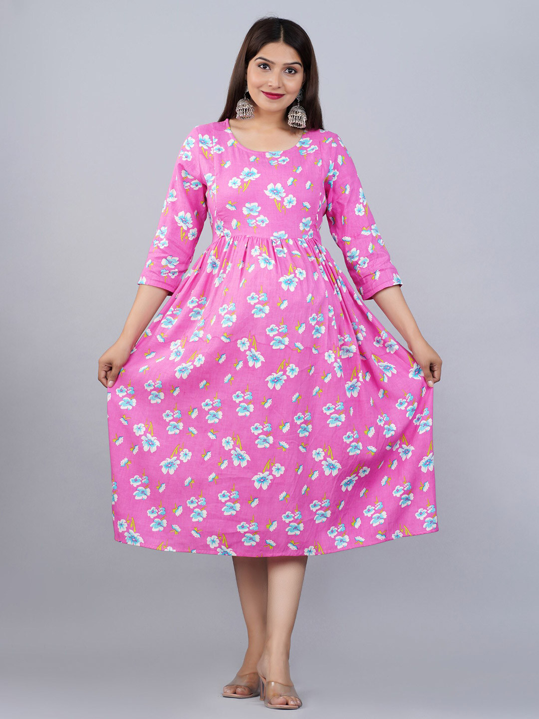 

BAESD Maternity Floral Printed Fit & Flare Ethnic Dress, Pink