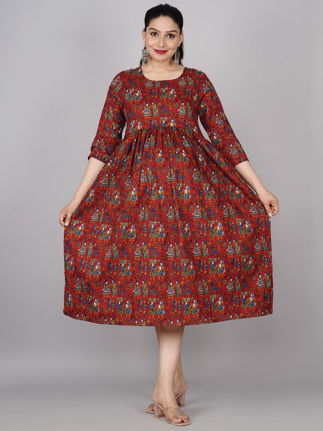 

BAESD Maternity Ethnic Motifs Printed Fit & Flare Ethnic Dress, Maroon