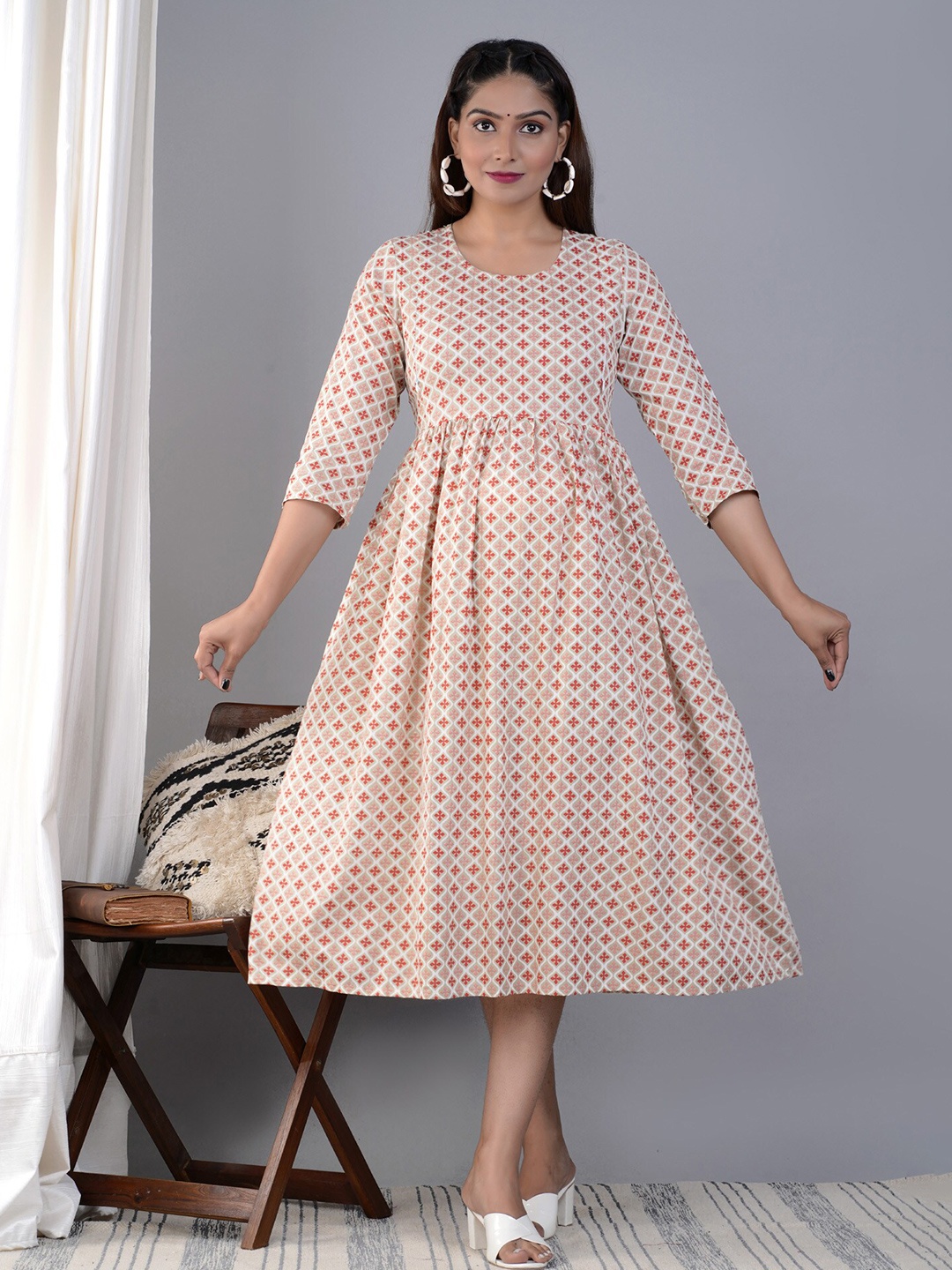 

BAESD Maternity Ethnic Motifs Printed Fit & Flare Ethnic Dress, White