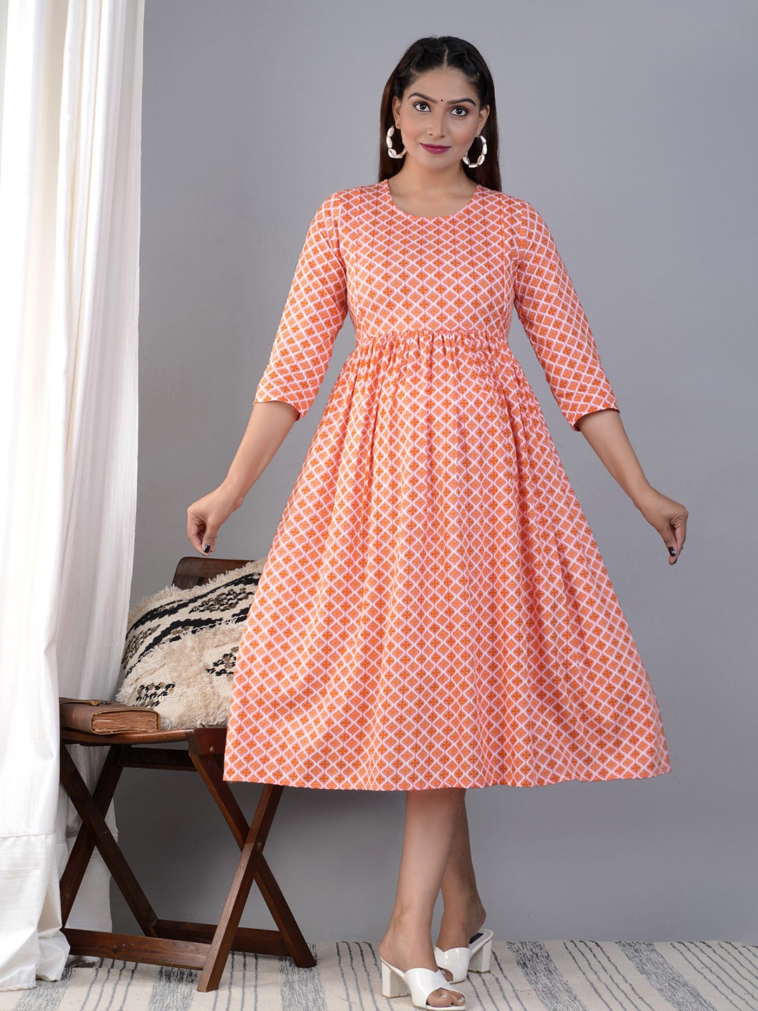 

BAESD Maternity Ethnic Motifs Printed Fit & Flare Ethnic Dress, Orange