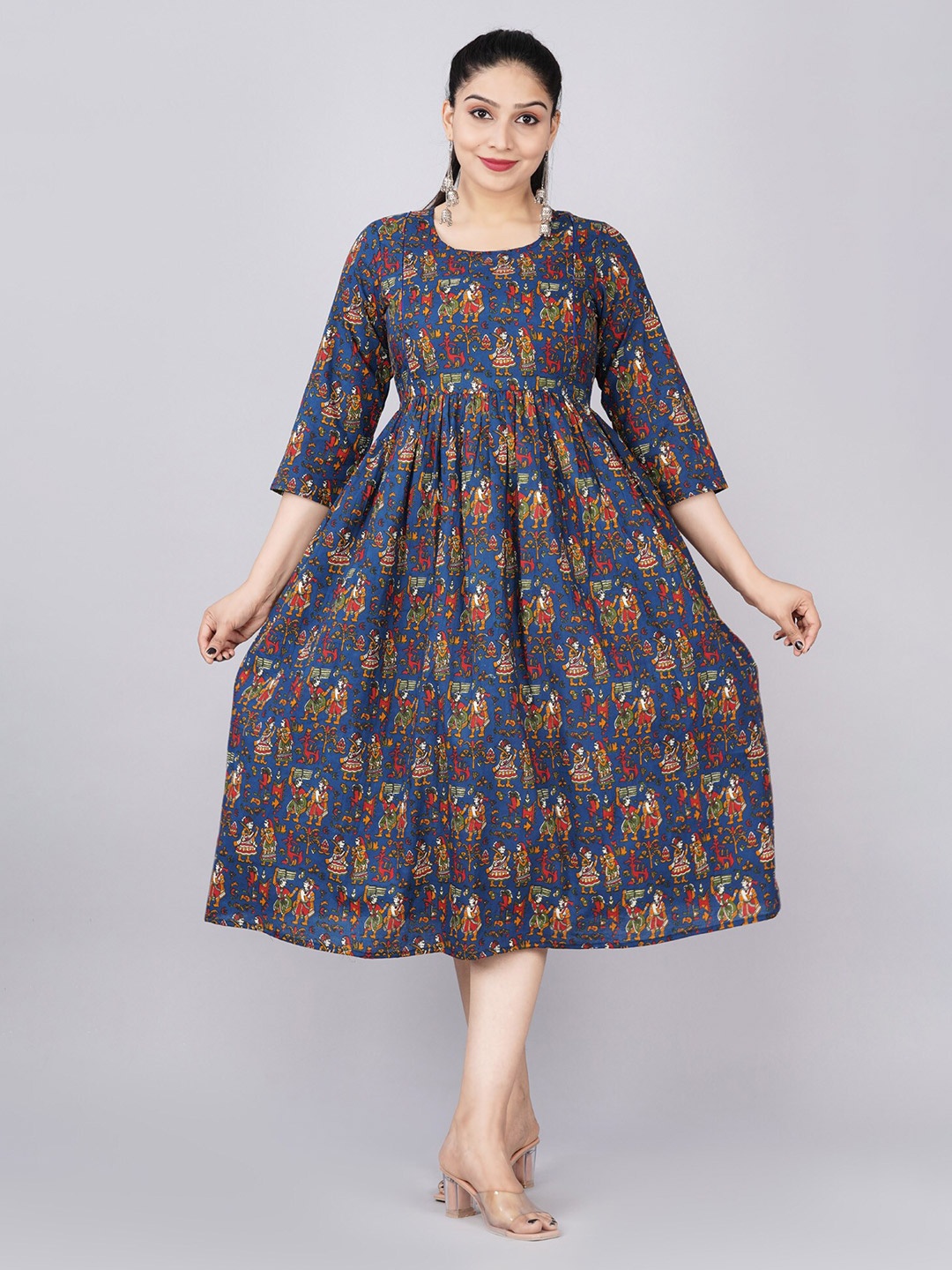 

BAESD Maternity Ethnic Motifs Printed Fit & Flare Ethnic Dress, Navy blue