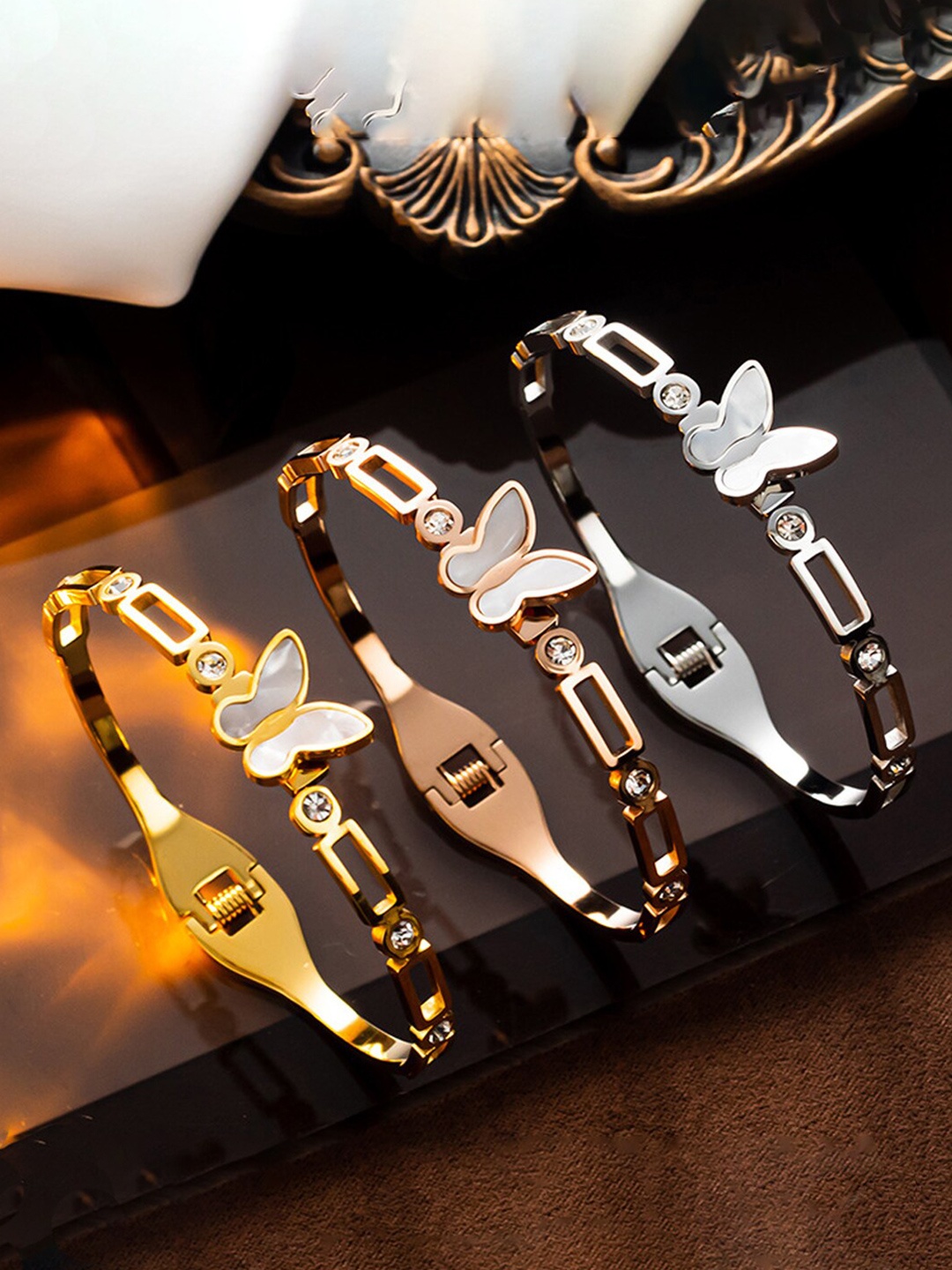 

Jewels Galaxy Set Of 3 Gold-Plated Silver-Plated Rose Gold-Plated Bangle-Style Bracelet