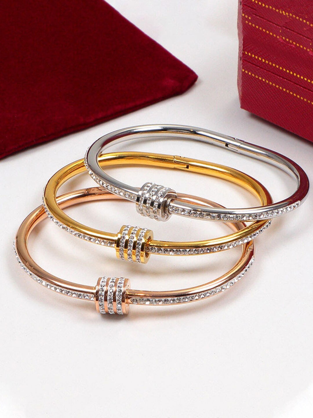 

Jewels Galaxy Set Of 3 American Diamond Bangle-Style Bracelet, Gold