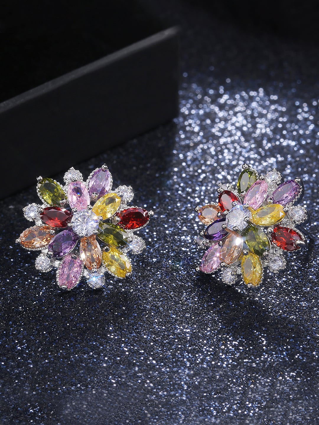 

Jewels Galaxy Silver Plated American Diamond-Studded Floral Stud Earrings