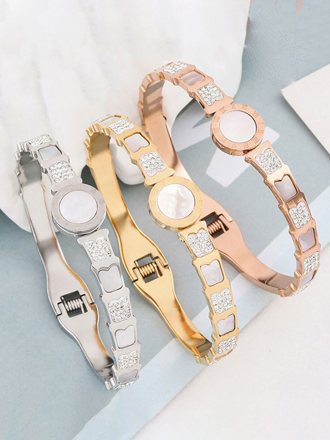 

Jewels Galaxy Set Of 3 Stainless Steel Mother of Pearl Bangle Style Bracelets, Gold