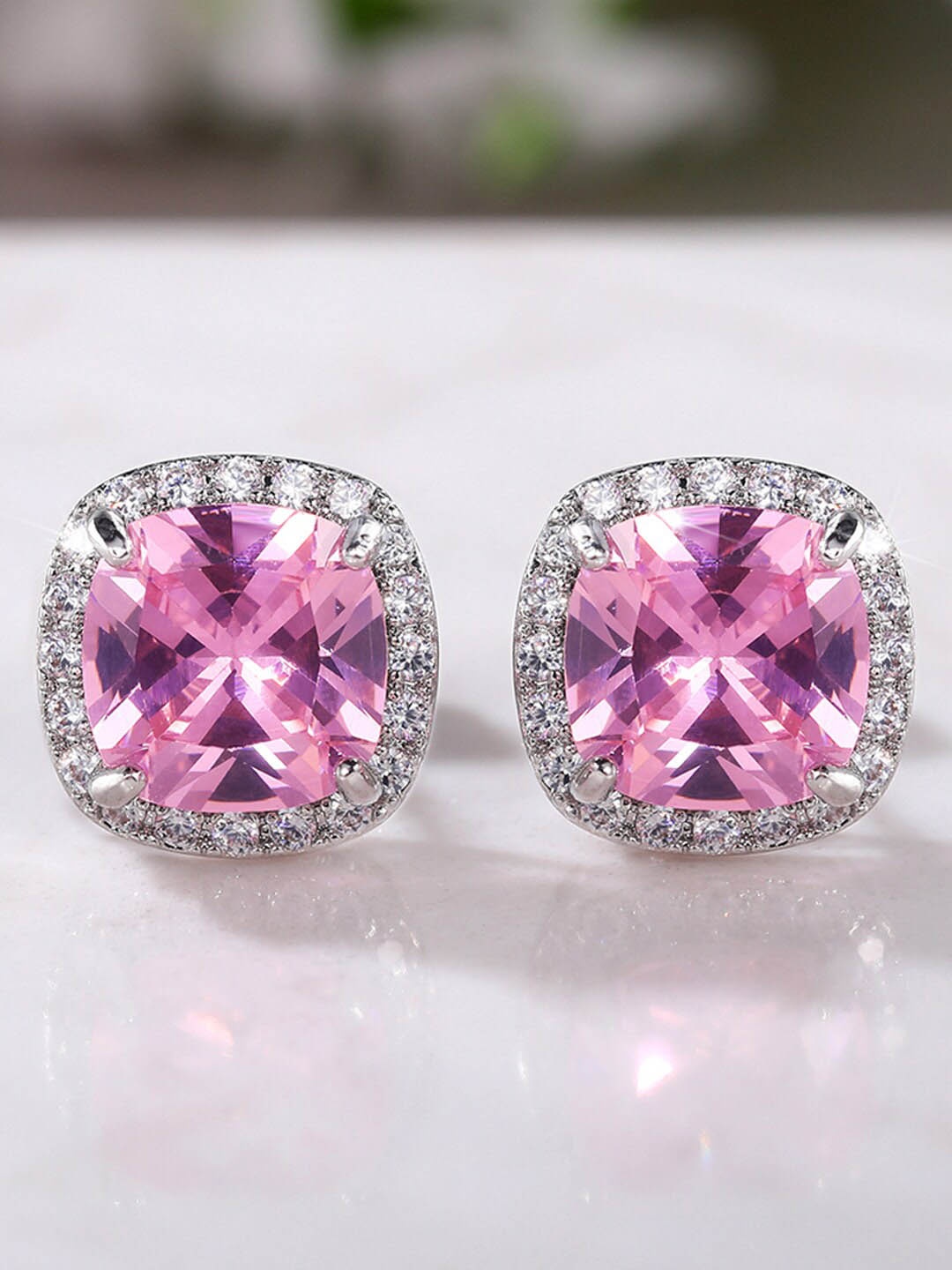 

Jewels Galaxy Silver Plated American Diamond Studded Square Studs Earrings