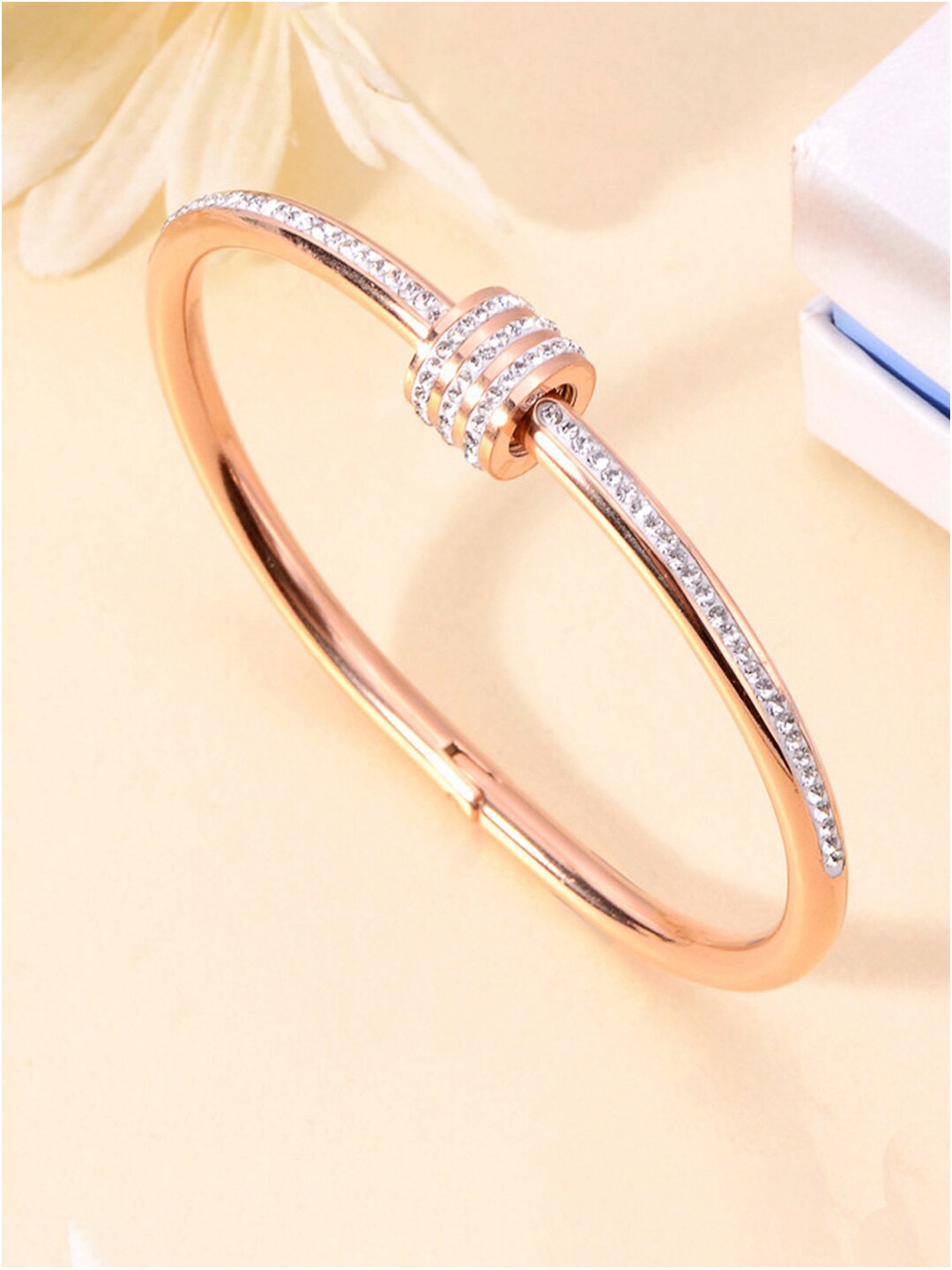 

Jewels Galaxy Rose Gold Plated AD Studded Stainless Steel Bangle Style Bracelet