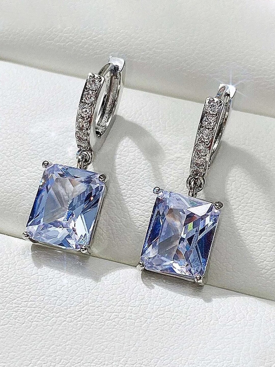 

Jewels Galaxy Silver Plated American Diamond Rectangular Drop Earrings, White