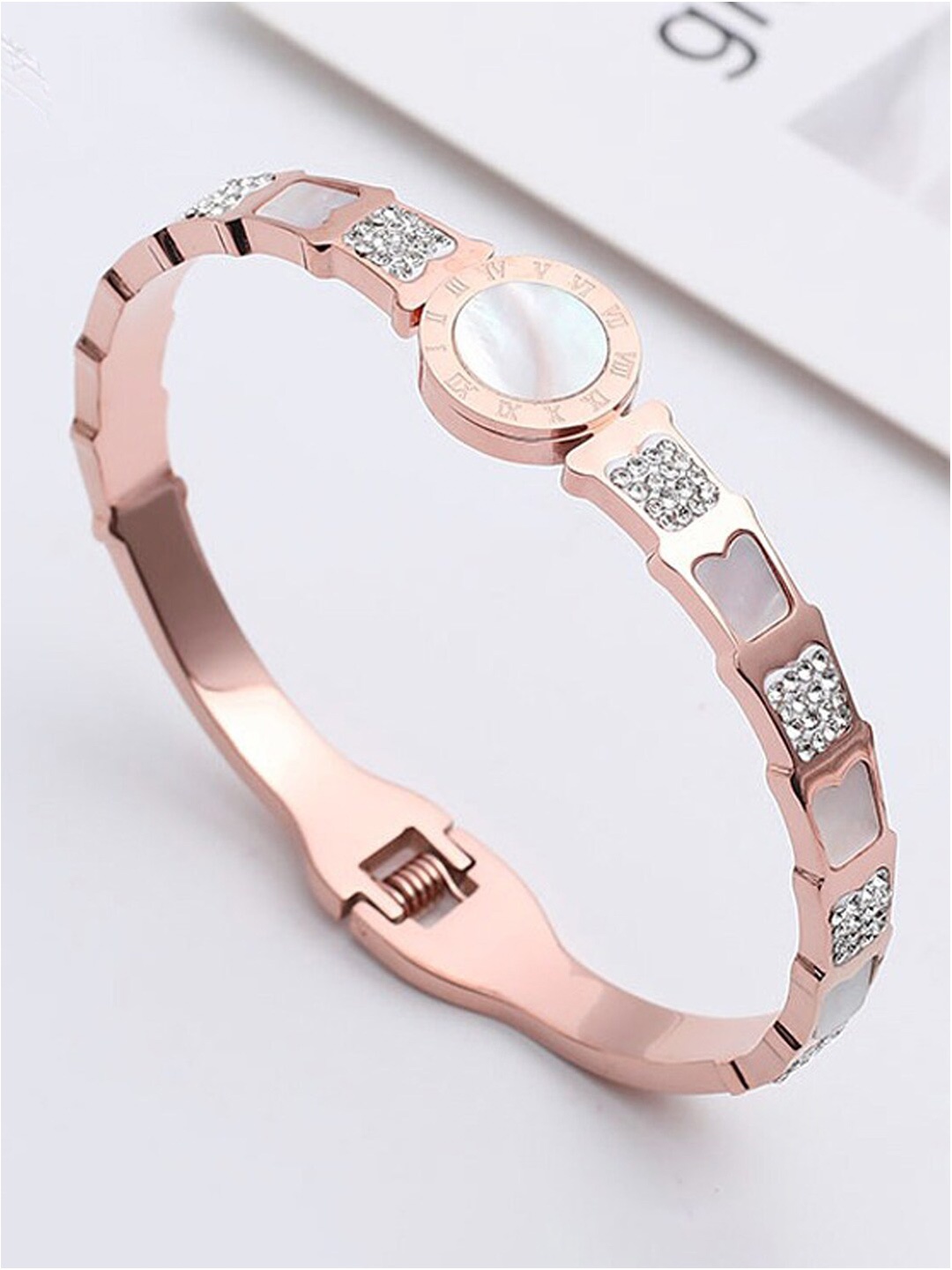 

Jewels Galaxy Rose Gold-Plated American Diamond Studded Bangle-Style Bracelet