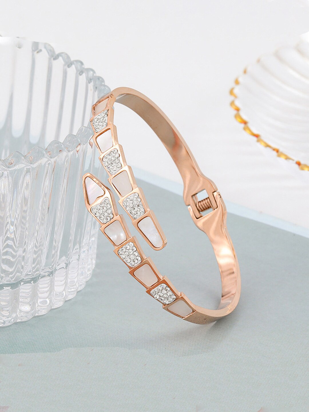 

Jewels Galaxy Rose Gold-Plated American Diamond Studded Bangle-Style Bracelet