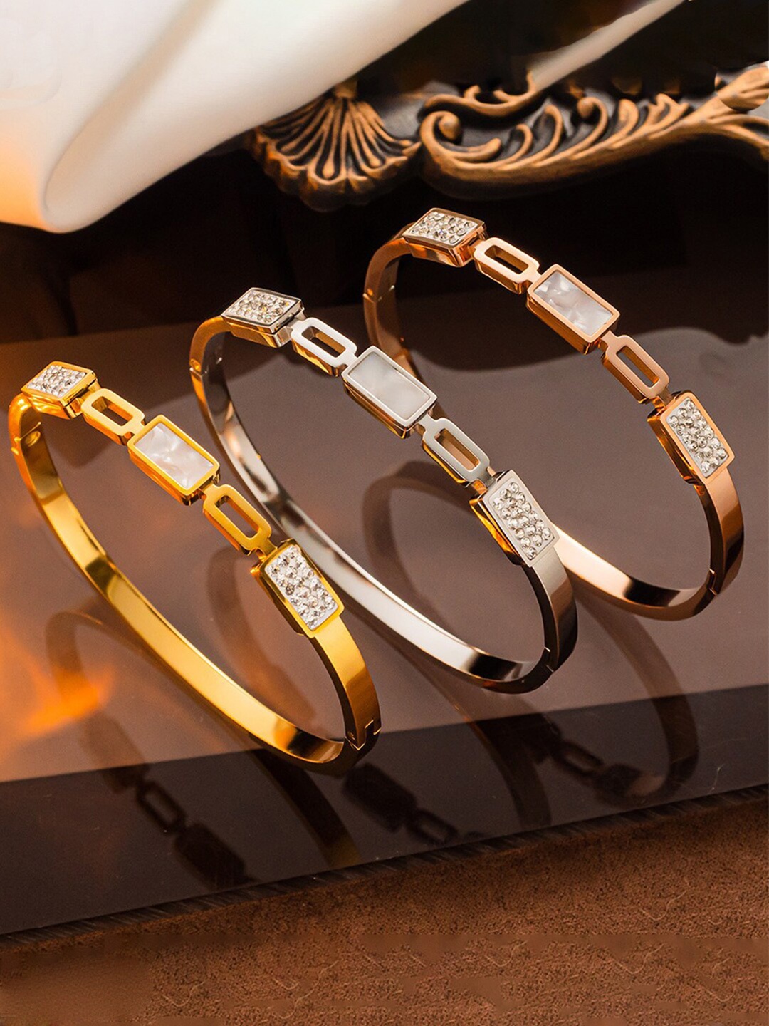 

Jewels Galaxy Set Of 3 Gold-Plated American Diamond Studded Bangle-Style Bracelet