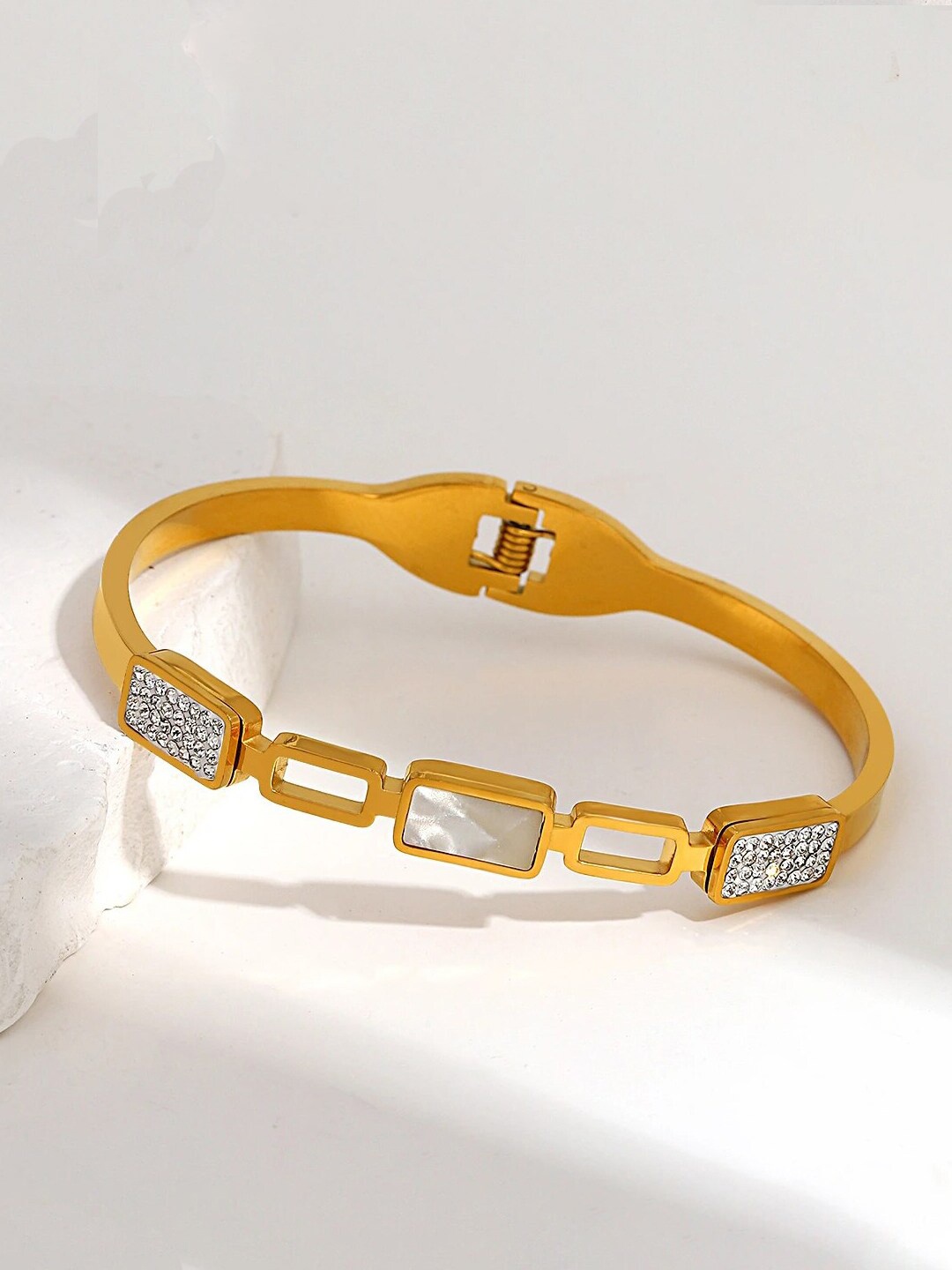 

Jewels Galaxy Women Gold-Plated Stainless Steel Mother of Pearl Bangle-Style Bracelet