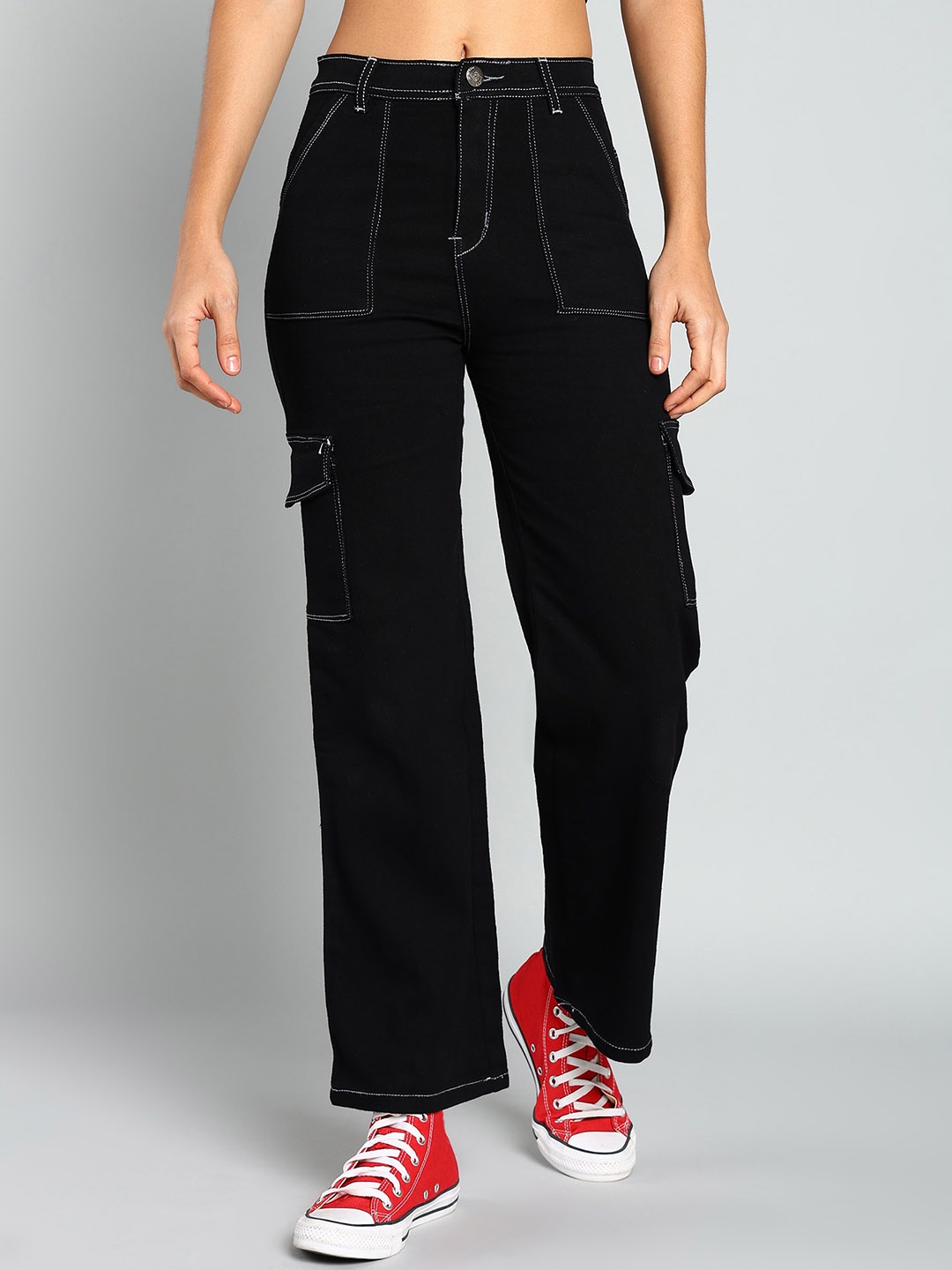 

Nifty Women Relaxed Fit High-Rise Clean Look Stretchable Cargo Jeans, Black