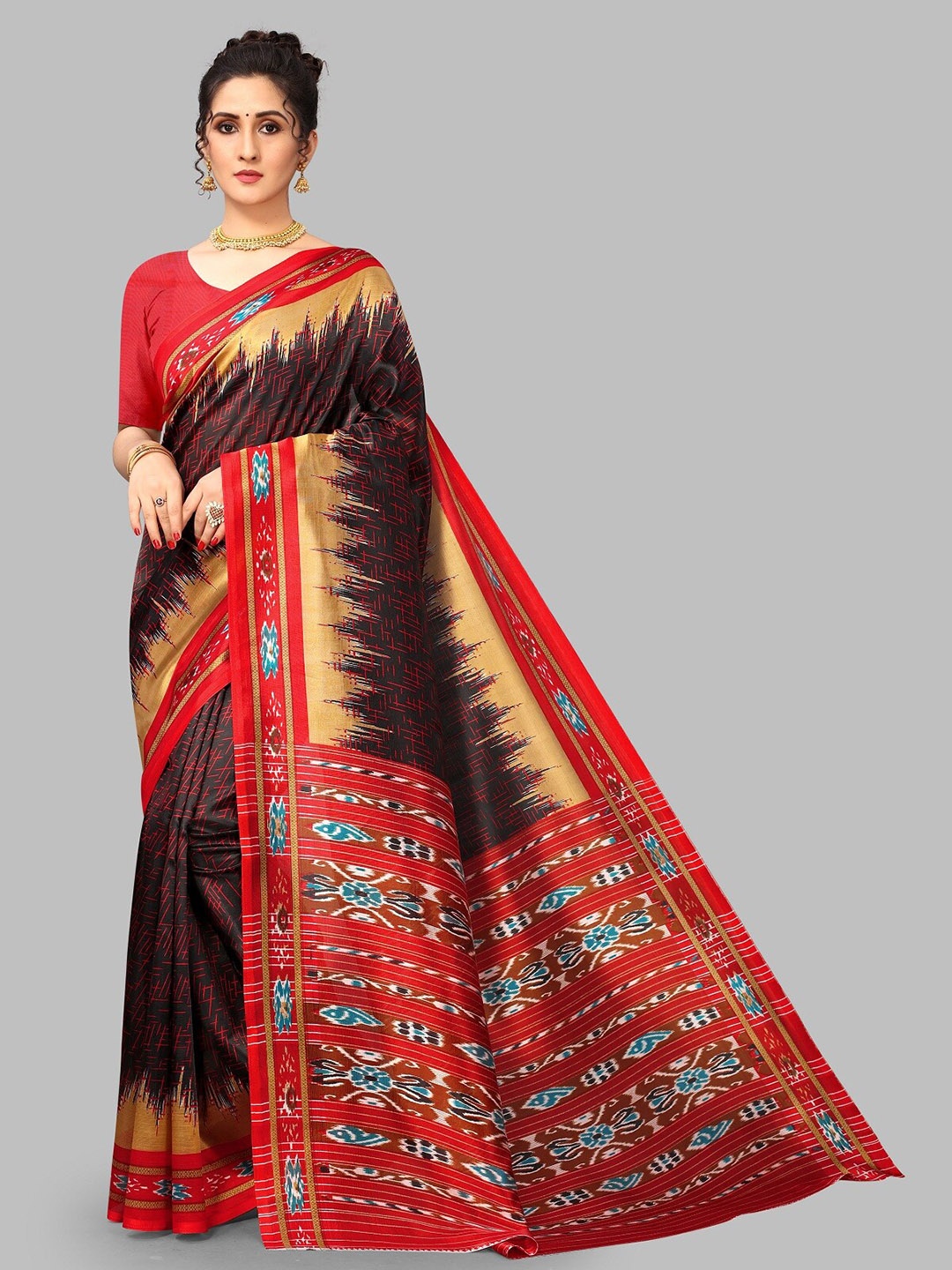 

BAESD Geometric Printed Bhagalpuri Saree, Black