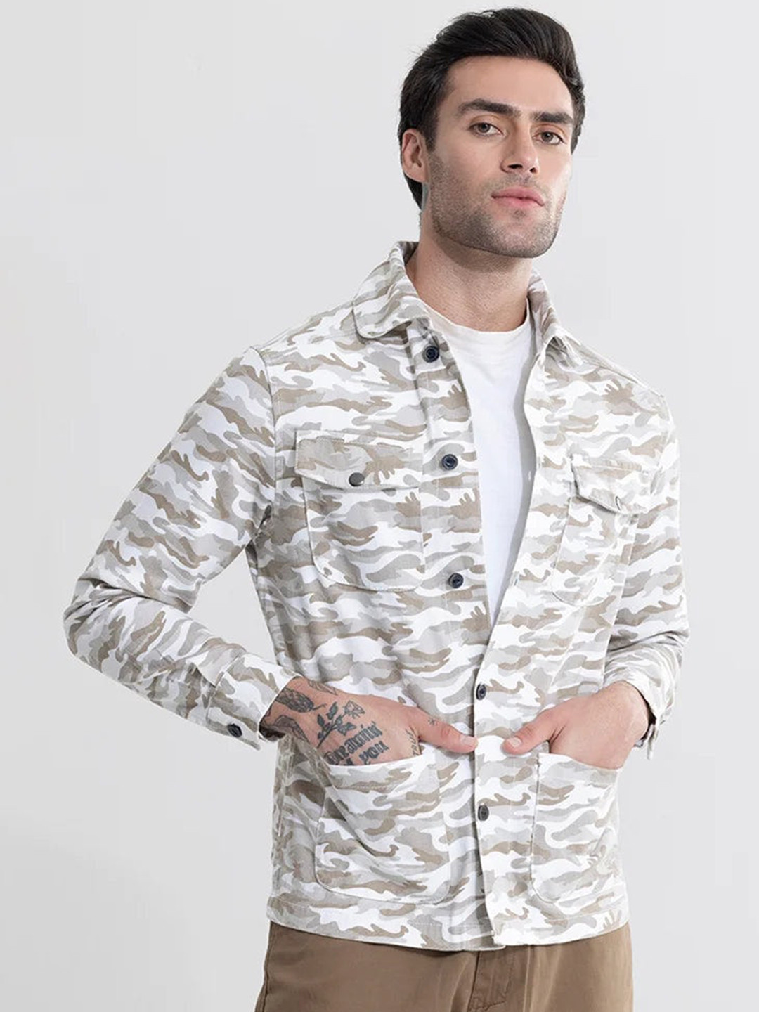 

Snitch Beige Camouflage Printed Cotton Shacket