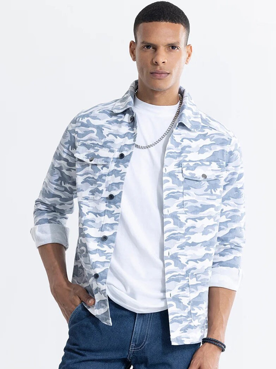 

Snitch Camouflage Printed Pure Cotton Shacket, Blue