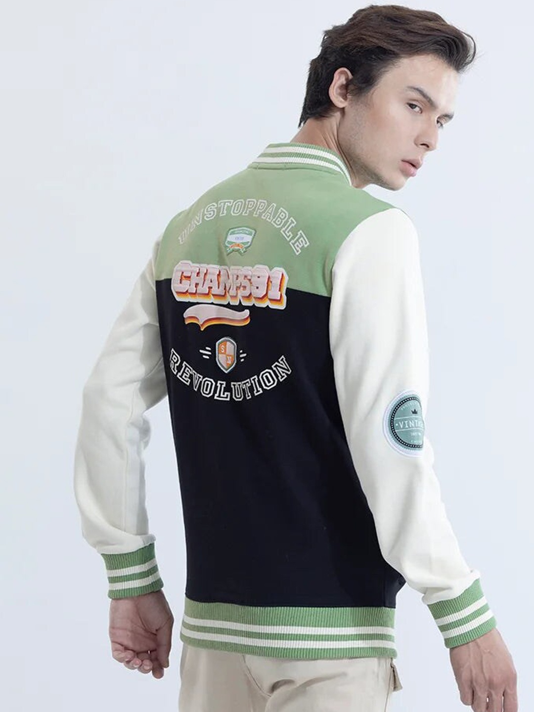 

Snitch Green Colourblocked Lightweight Varsity Jacket