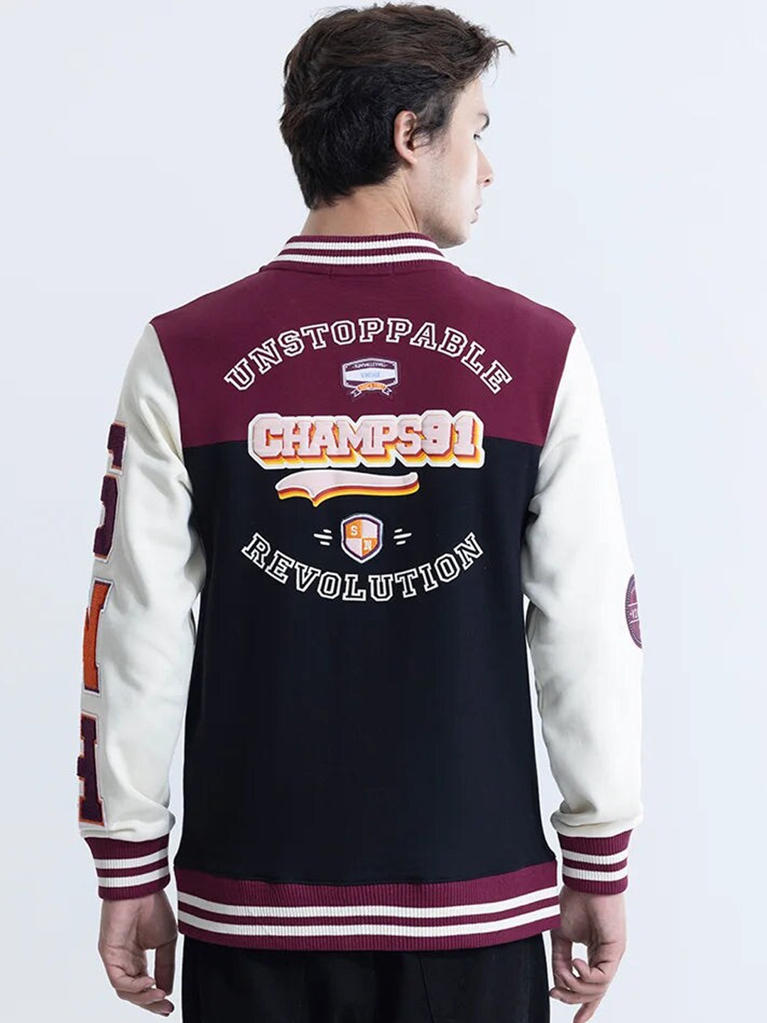 

Snitch Colourblocked Lightweight Pure Cotton Varsity Jacket, Burgundy