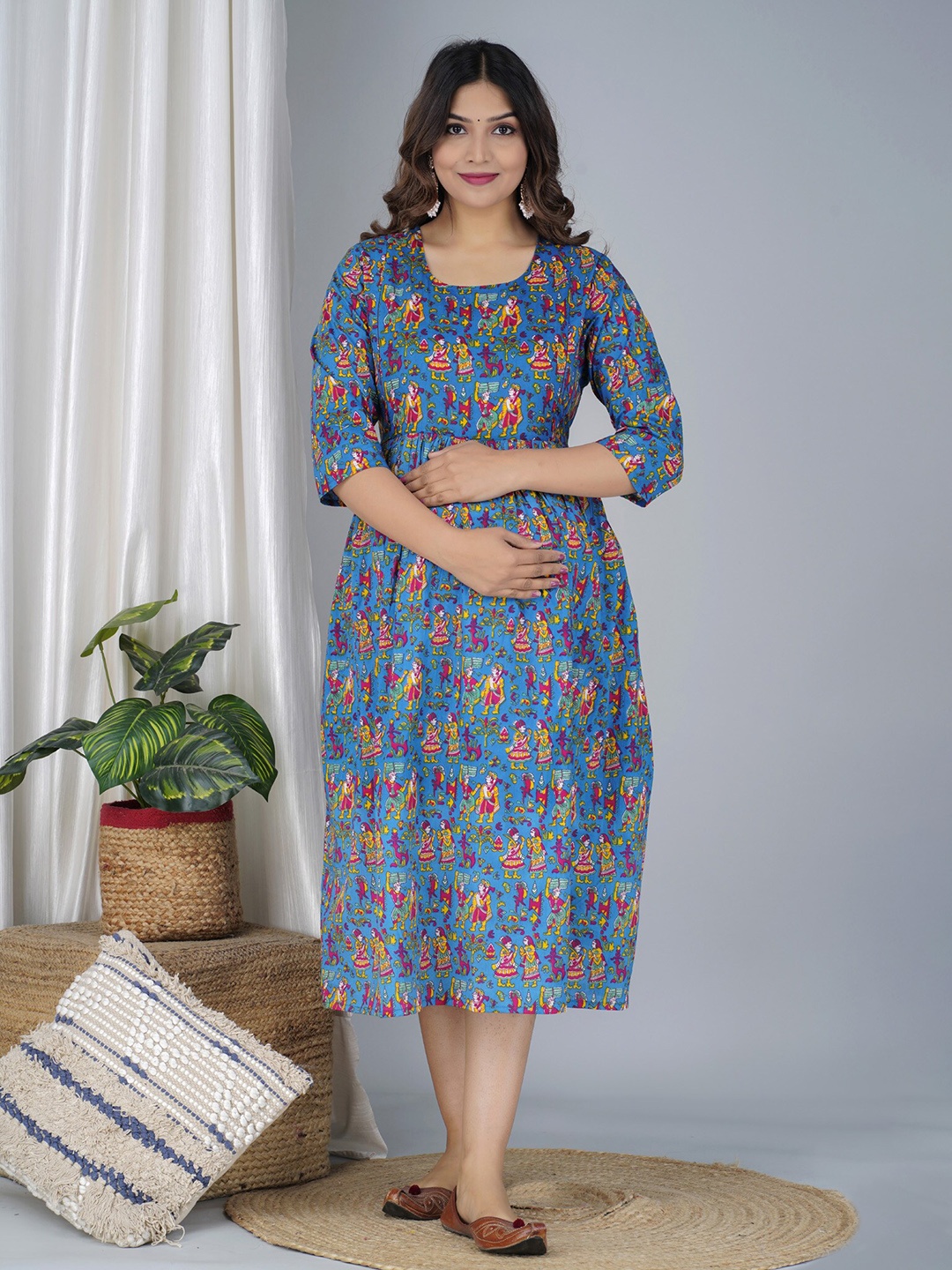 

BAESD Ethnic Motifs Print Maternity Fit & Flare Ethnic Dress, Blue