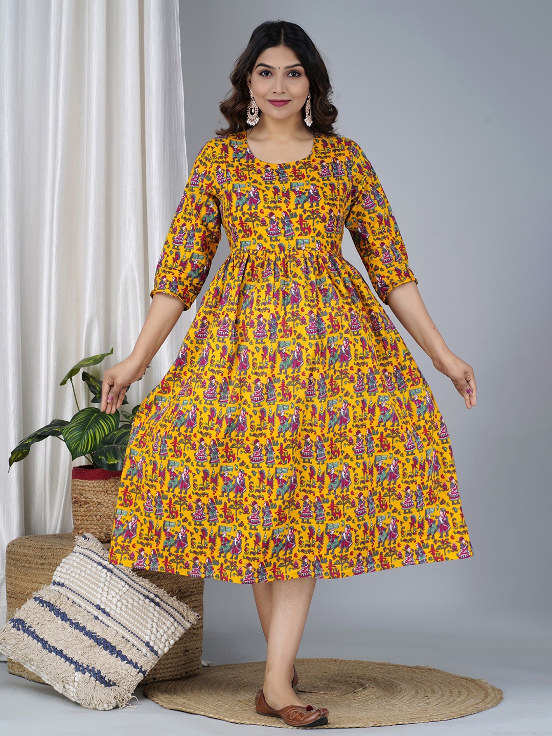 

BAESD Ethnic Motifs Printed Maternity Fit & Flare Midi Ethnic Dress, Yellow