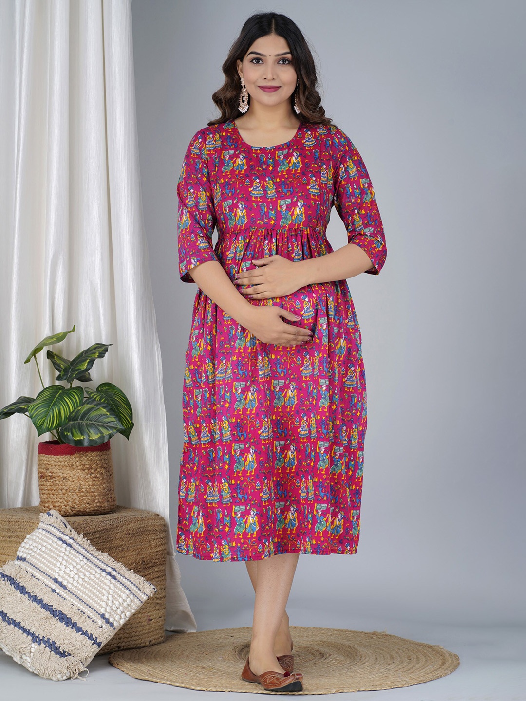 

BAESD Ethnic Motifs Printed Maternity Fit & Flare Midi Ethnic Dress, Maroon