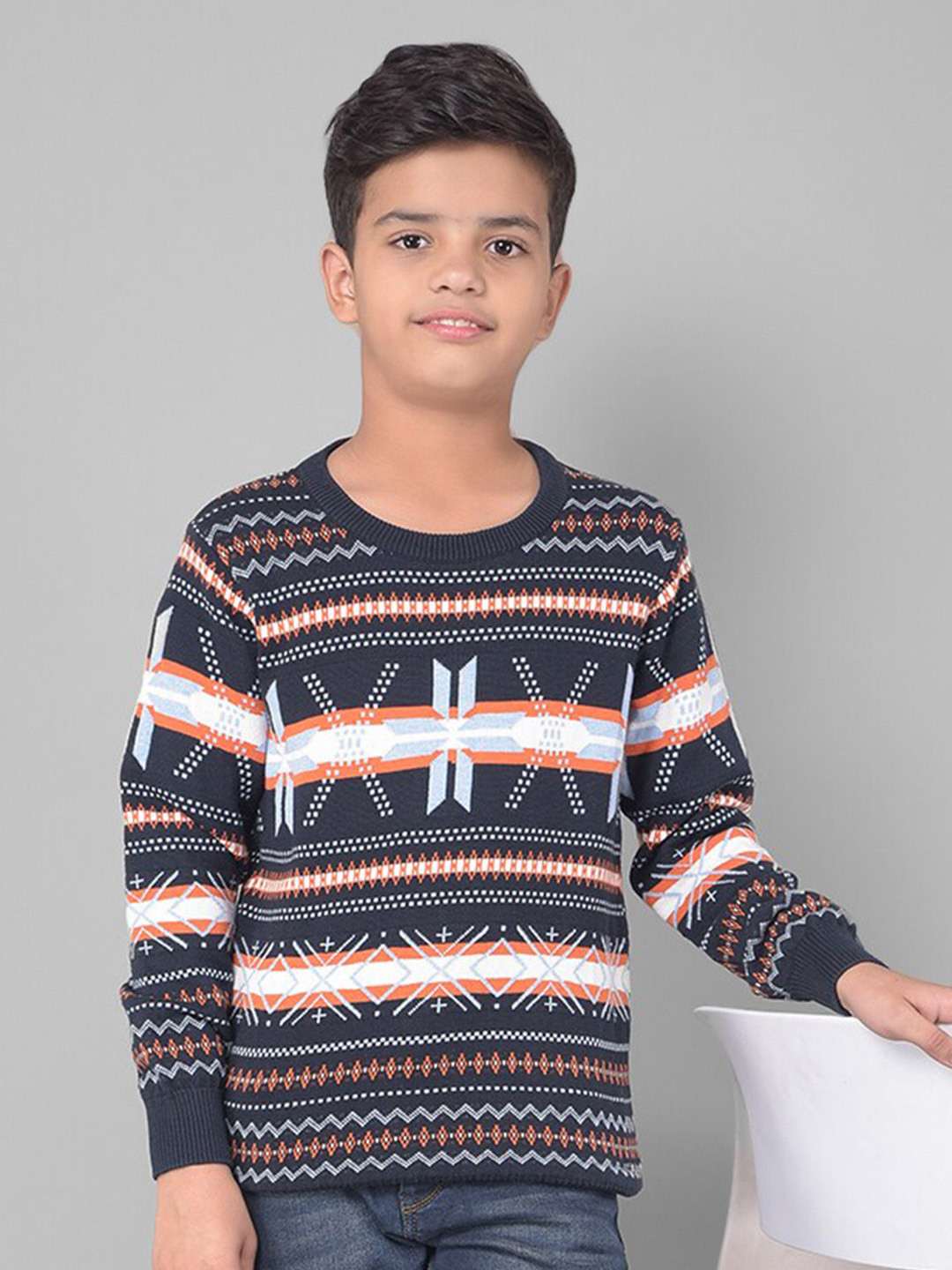 

Crimsoune Club Boys Geometric Printed Long Sleeves Pure Cotton Pullover, Navy blue