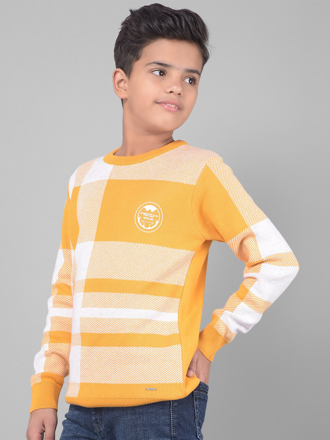 

Crimsoune Club Boys Mustard Checked Round Neck Pure Cotton Pullover