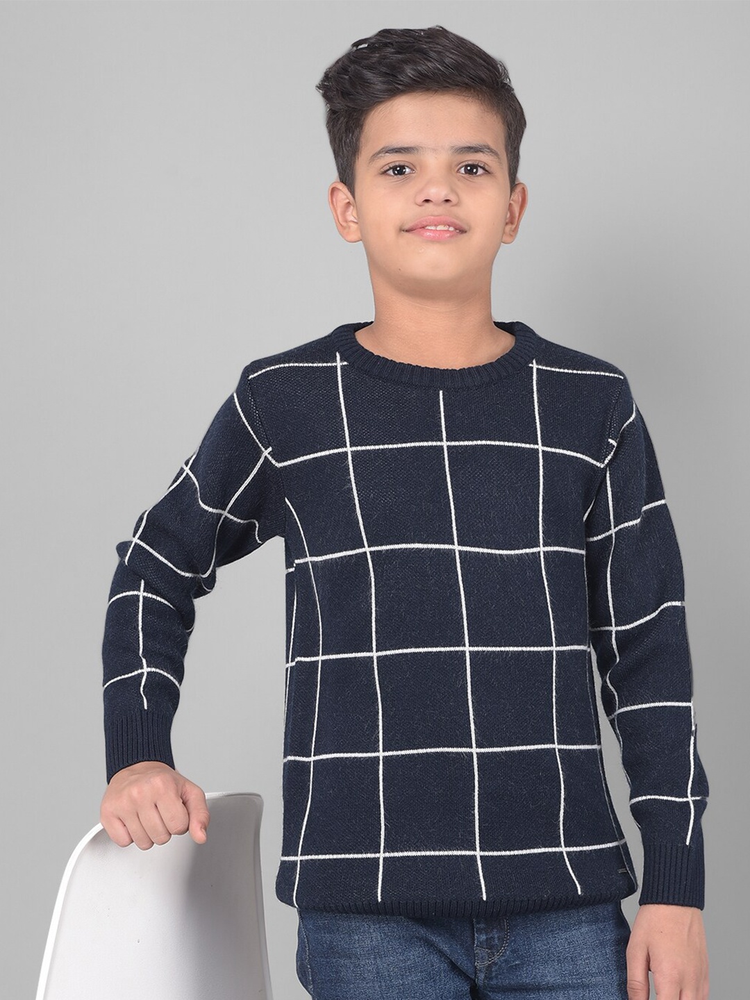 

Crimsoune Club Boys Navy Blue Checked Long Sleeves Pullover