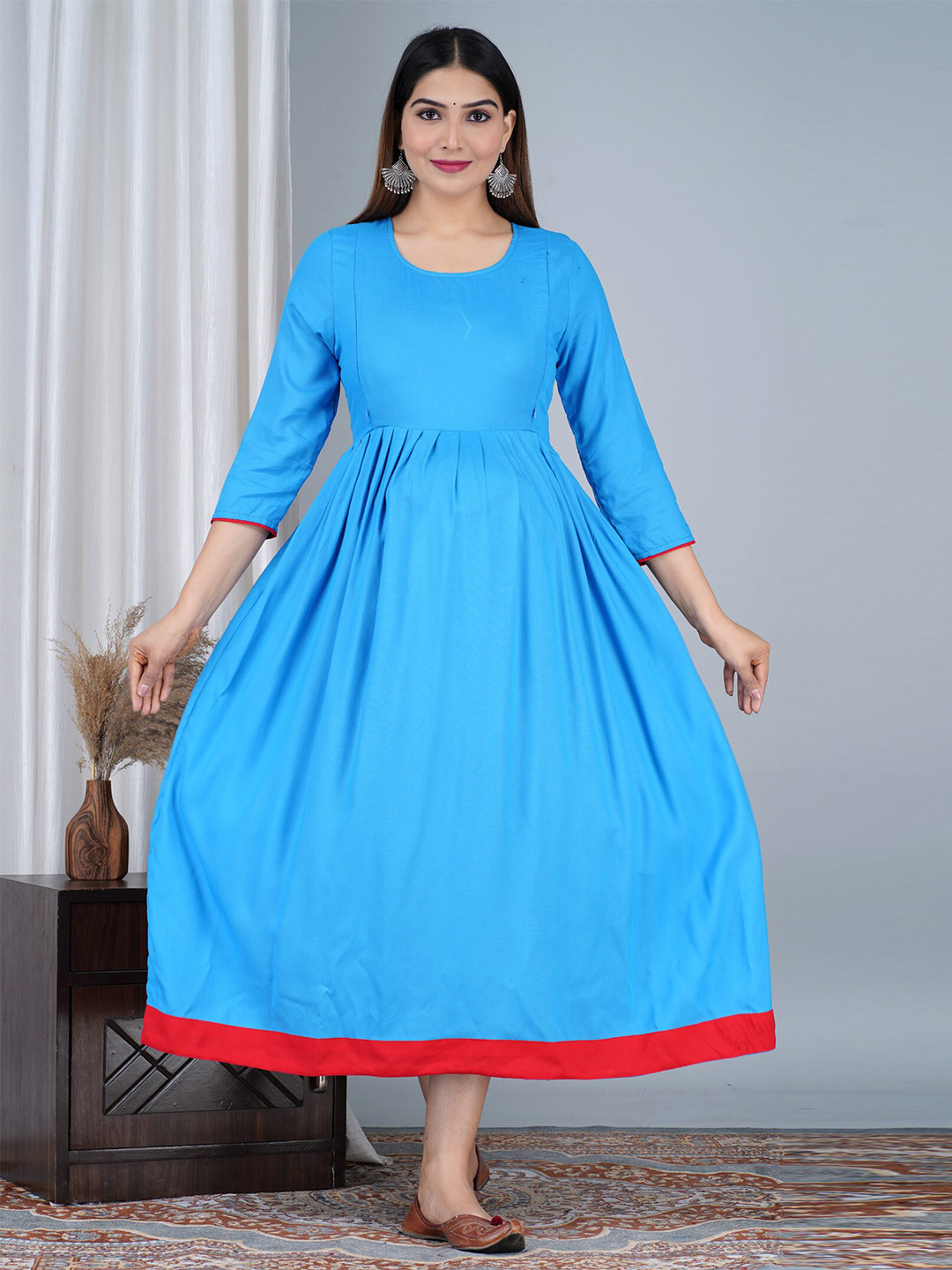 

BAESD Maternity Round Neck Fit & Flare Ethnic Dress, Blue