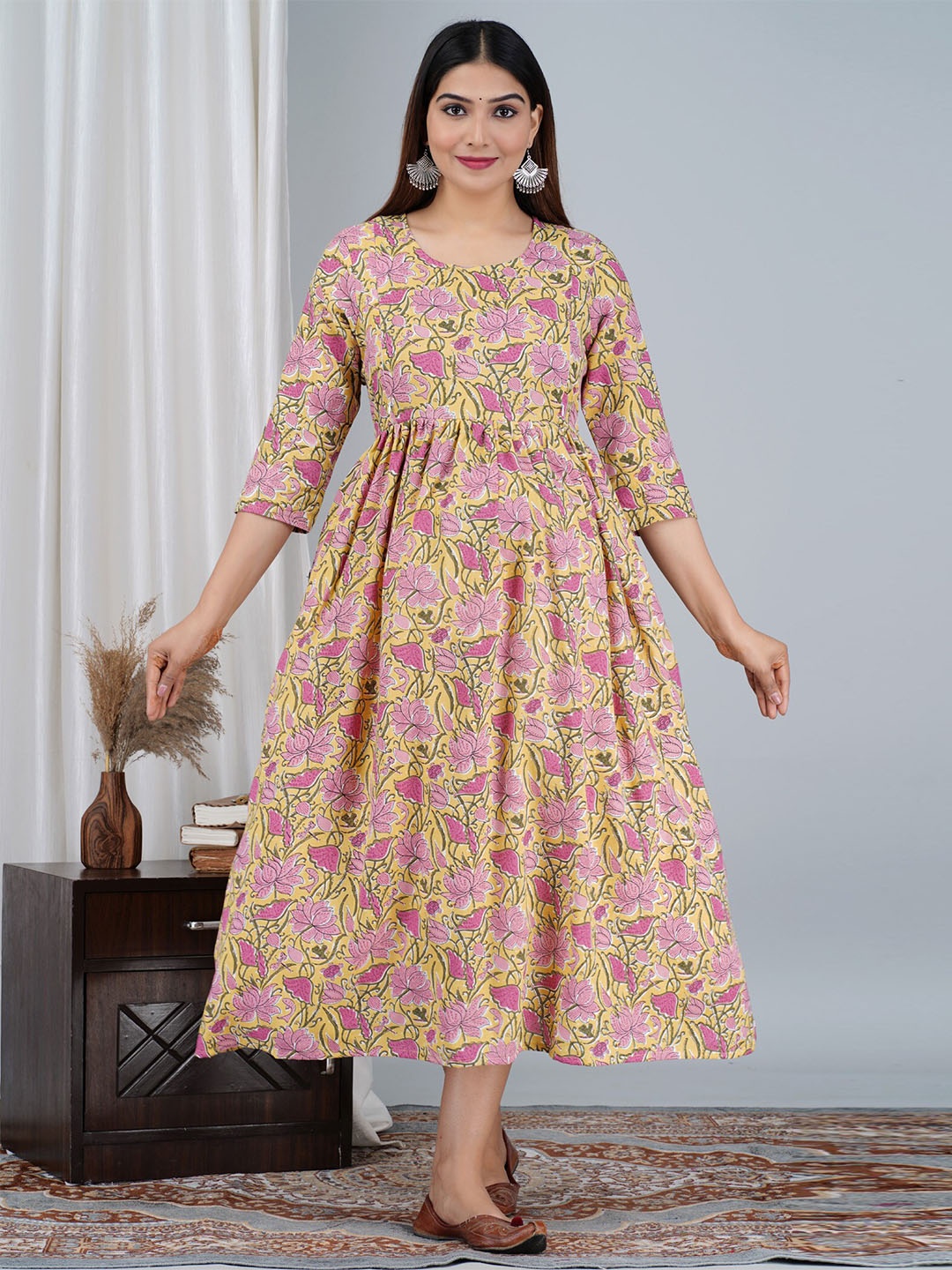 

BAESD Maternity Floral Printed Fit & Flare Ethnic Dress, Yellow