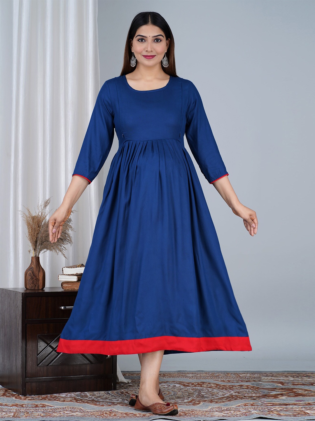 

BAESD Maternity Round Neck Fit & Flare Ethnic Dress, Navy blue