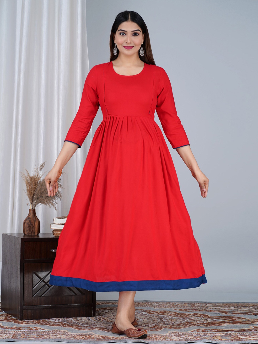 

BAESD Pleated Detailed Fit & Flare Maternity Ethnic Dress, Red