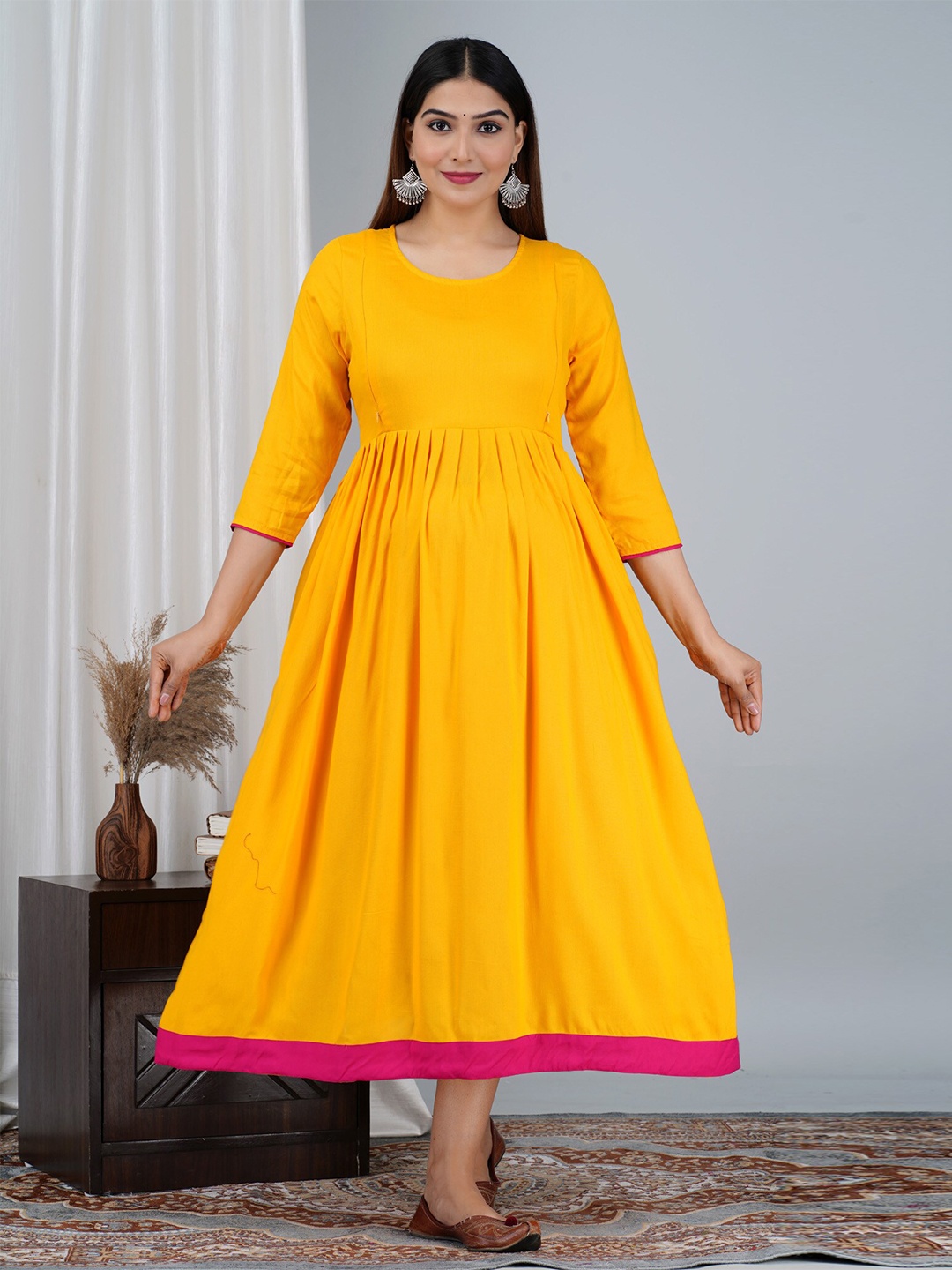

BAESD Maternity Round Neck Fit & Flare Ethnic Dress, Yellow