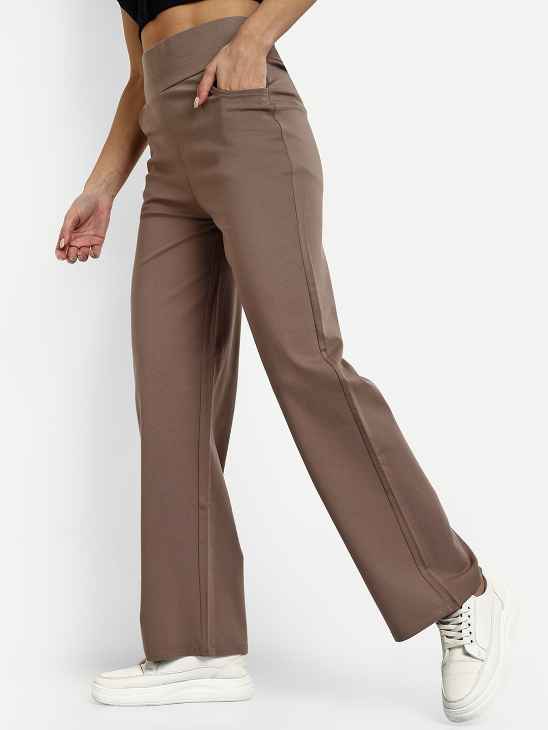 

BROADSTAR Women Smart Straight Fit High-Rise Easy Wash Parallel Trousers, Brown