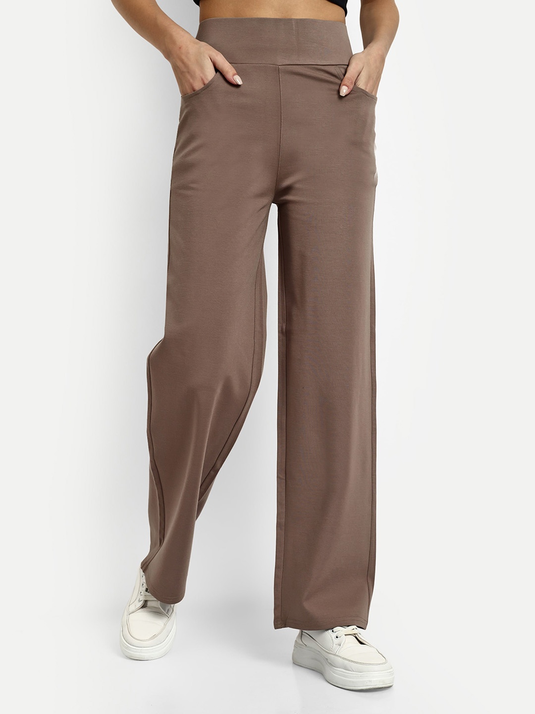 

BROADSTAR Women Smart Straight Fit High-Rise Easy Wash Parallel Trousers, Brown