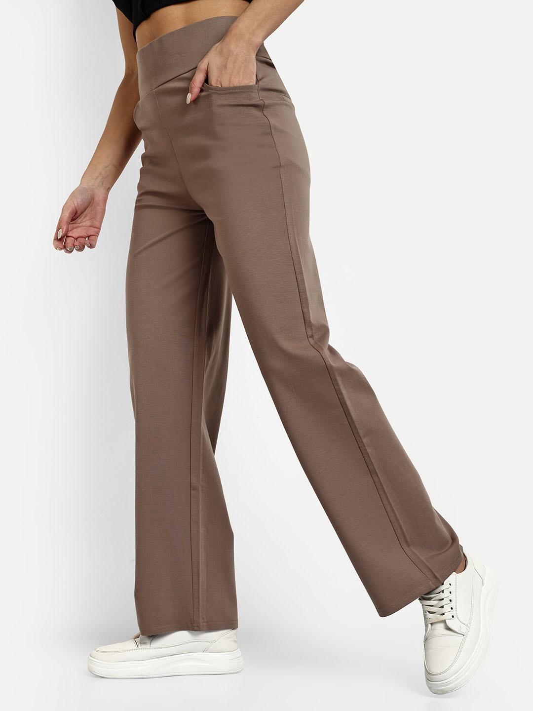 

Next One Women Smart Straight Fit High-Rise Easy Wash Regular Trousers, Brown
