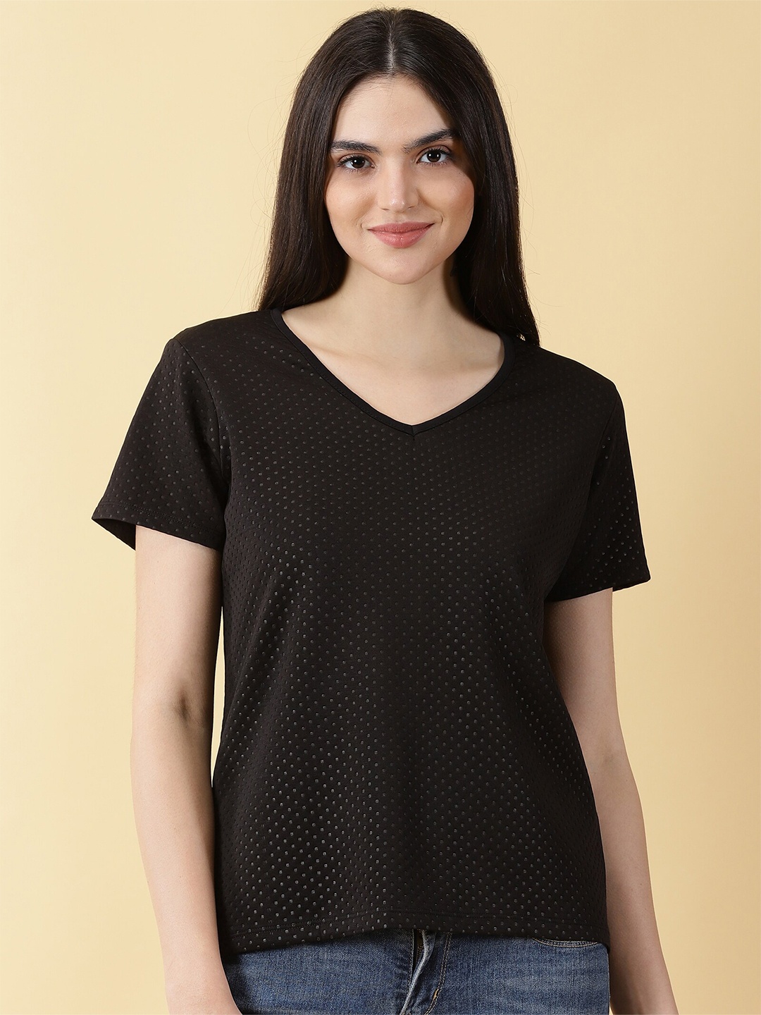 

PURPLE FLAUNT Polka Dots Printed V-Neck Top, Black