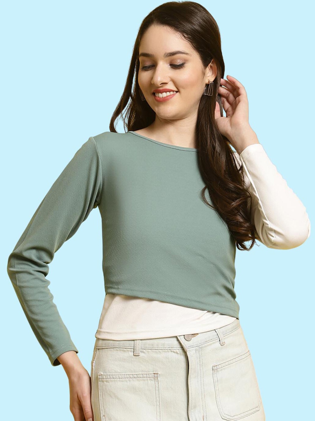 

BAESD Round Neck Asymmetric Crop Top, Green