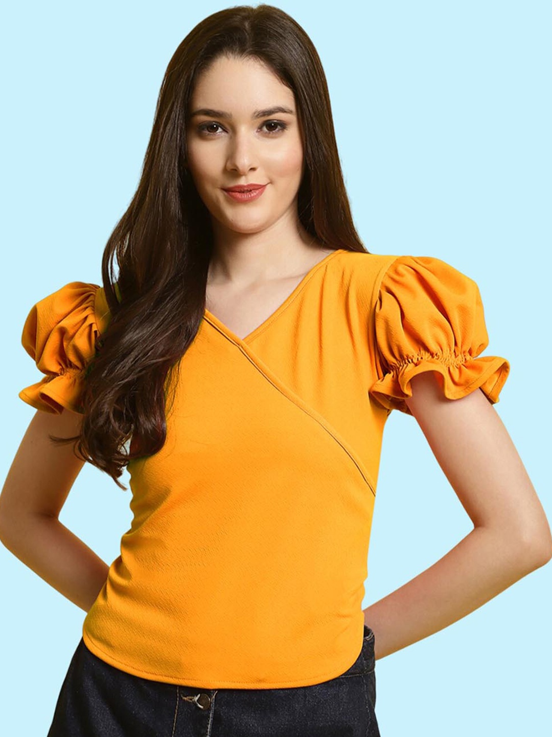 

BAESD Puff Sleeves V-Neck Wrap Top, Yellow