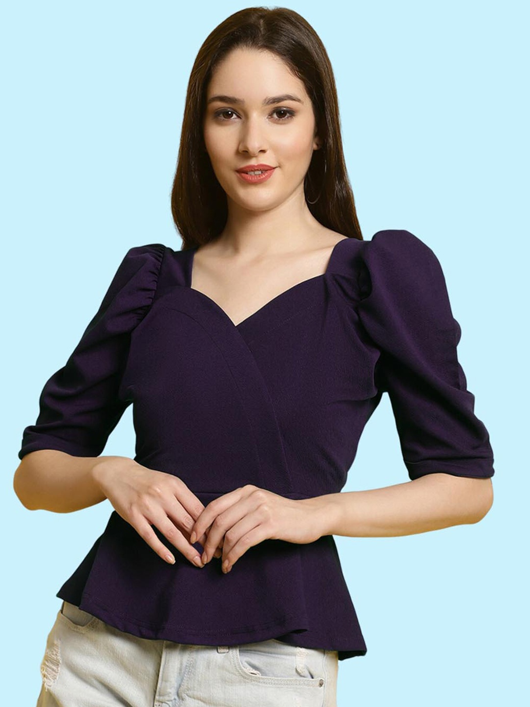 

BAESD Sweetheart Neck Puff Sleeves Wrap Top, Purple