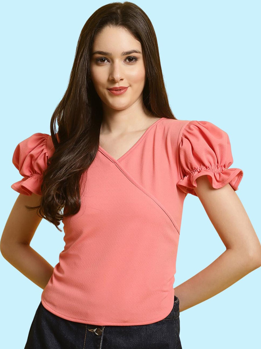 

BAESD V-Neck Puff Sleeve Top, Coral