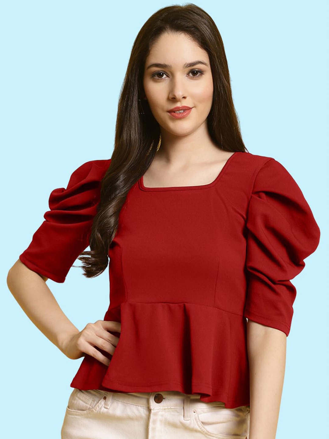 

BAESD Square Neck Puff Sleeve Peplum Top, Red