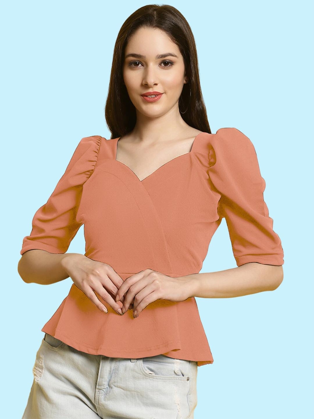 

BAESD Sweetheart Neck Puff Sleeve Peplum Top, Peach