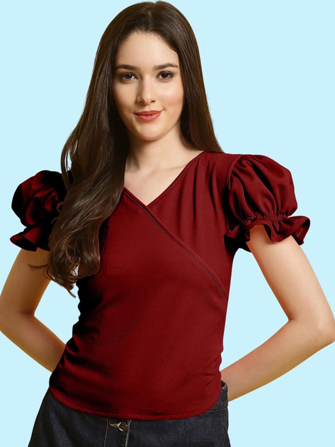 

BAESD V-Neck Puff Sleeved Wrap Top, Maroon